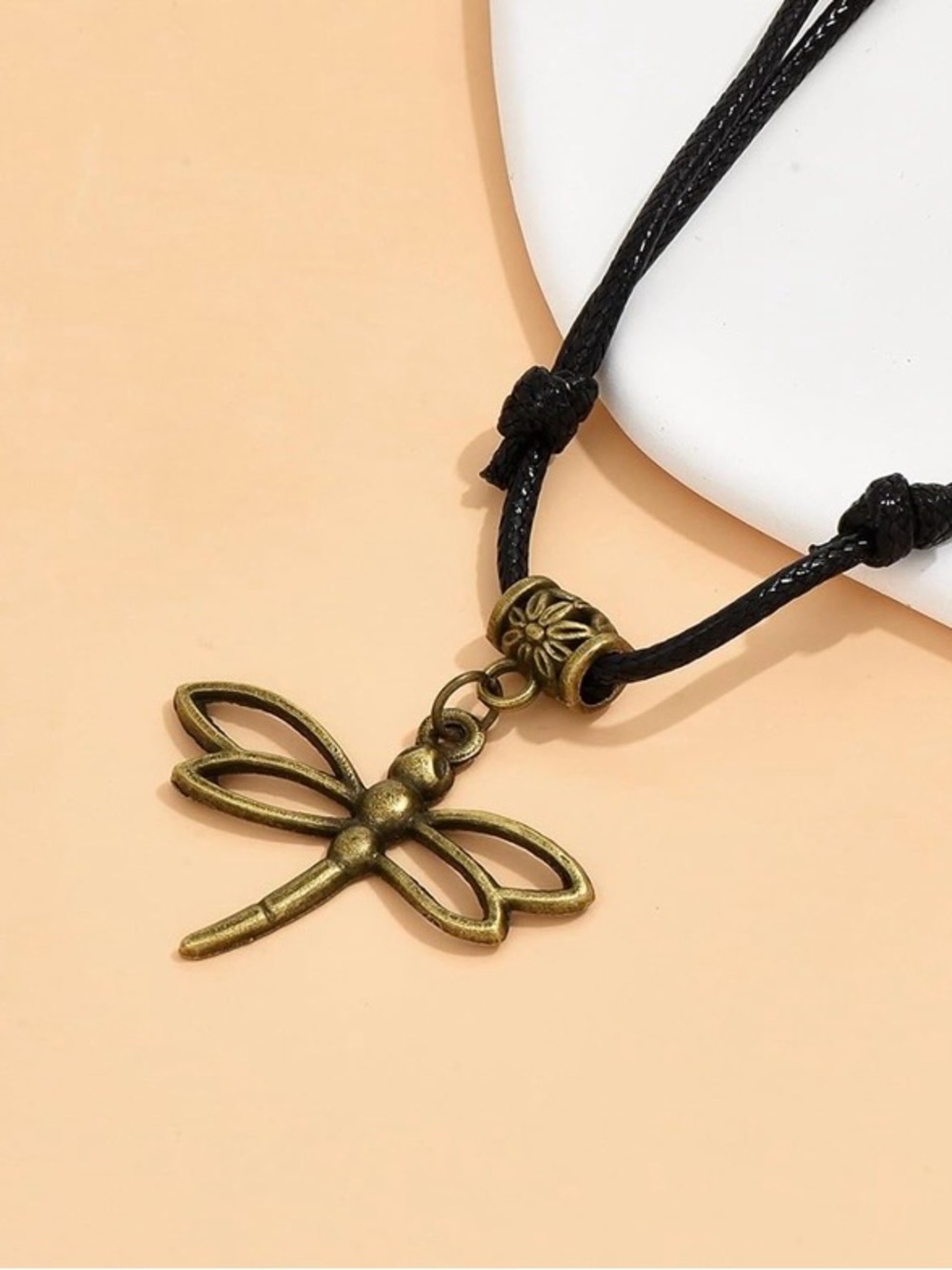 Dragonfly Charm Cord Bracelet - Black and Antique Gold Bronze - Picture 2 of 6